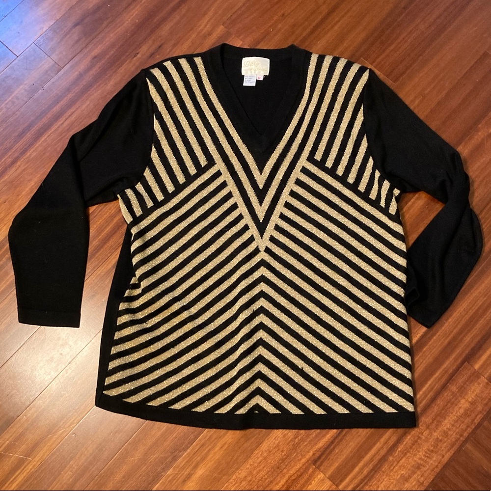 Vintage Black and Gold Striped V-neck Sweater Size M